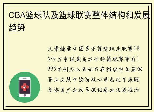 CBA篮球队及篮球联赛整体结构和发展趋势
