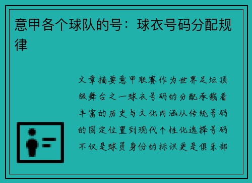 意甲各个球队的号：球衣号码分配规律