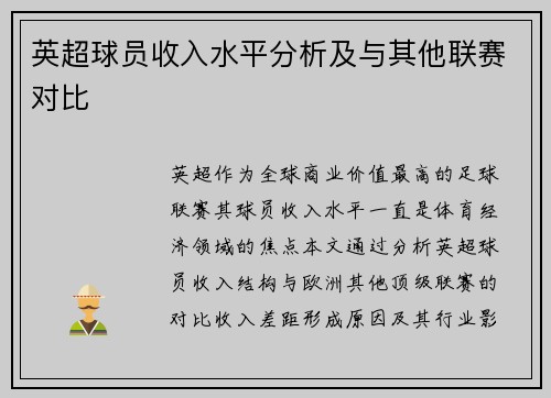 英超球员收入水平分析及与其他联赛对比