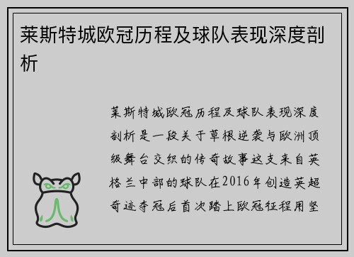 莱斯特城欧冠历程及球队表现深度剖析